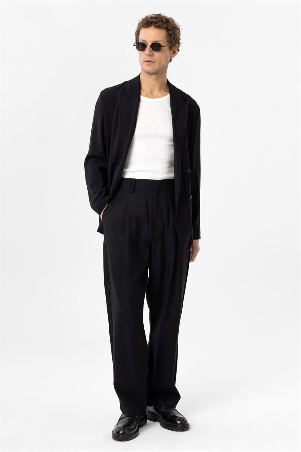 Antioch Siyah Pileli Baggy Fit Erkek Pantolon