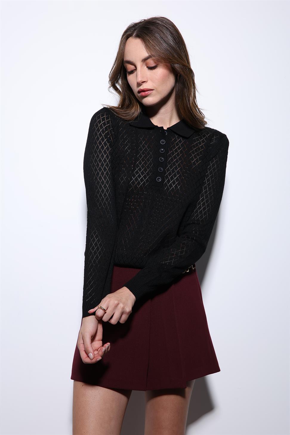 Antioch Siyah Polo Yaka Desenli Triko Kadın Kazak