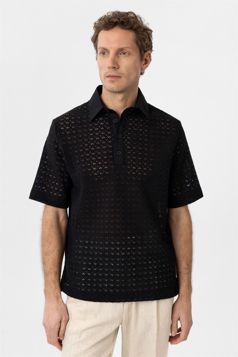 Antioch Siyah Polo Yaka Örgü Erkek T-Shirt