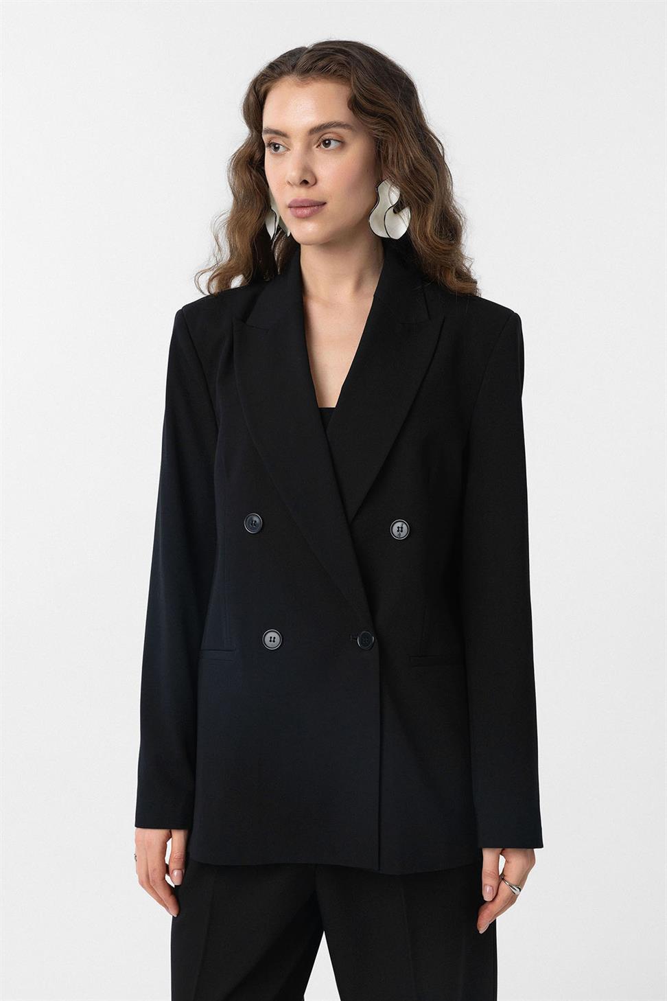 Antioch Siyah Regular Fit Kruvaze Kadın Blazer Ceket