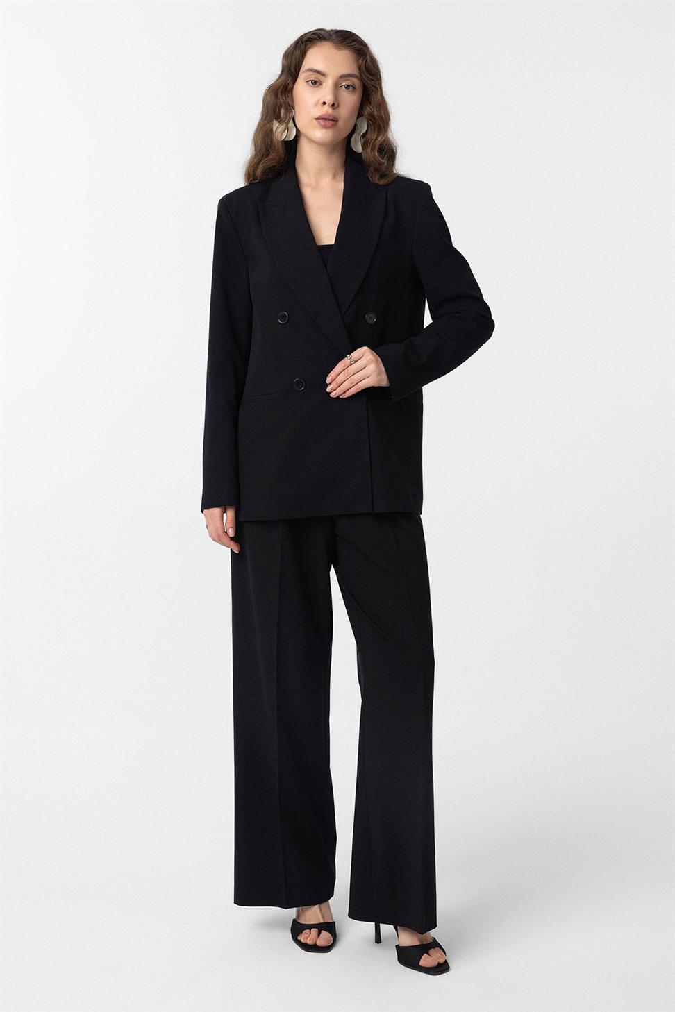 Antioch Siyah Regular Fit Kruvaze Kadın Blazer Ceket