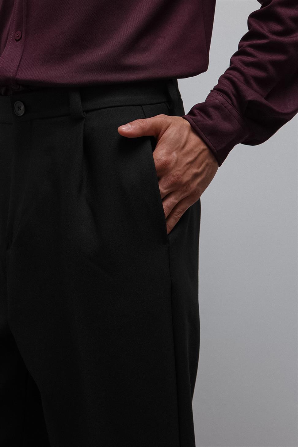 Antioch Siyah Relax Fit Baggy Pilili Erkek Pantolon