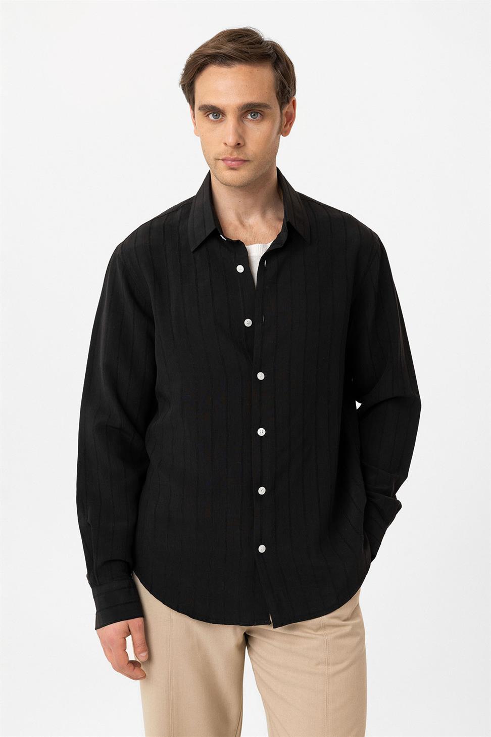 Antioch Siyah Relax Fit Çizgili Erkek Gömlek