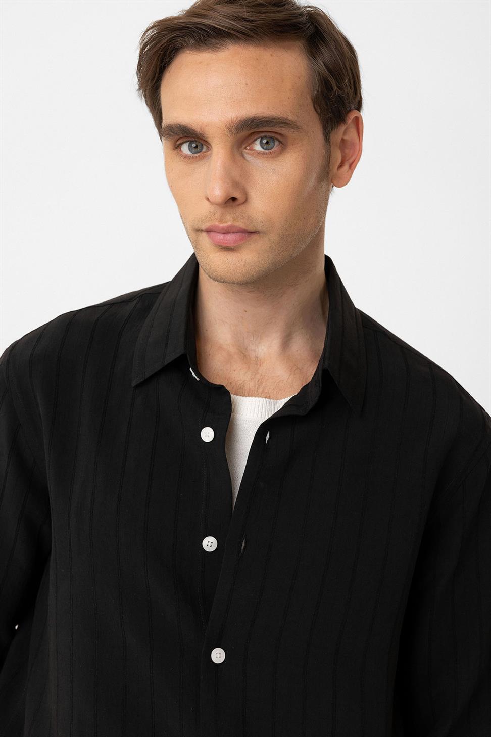 Antioch Siyah Relax Fit Çizgili Erkek Gömlek