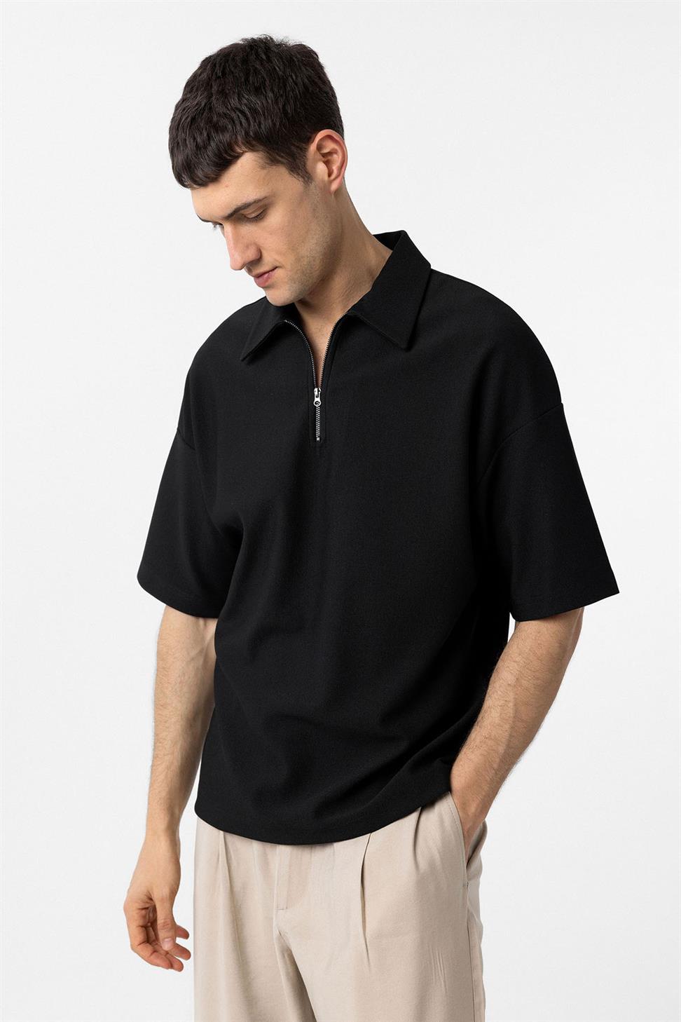 Relaxed Fit Zippered Polo Neck Mens T-Shirt