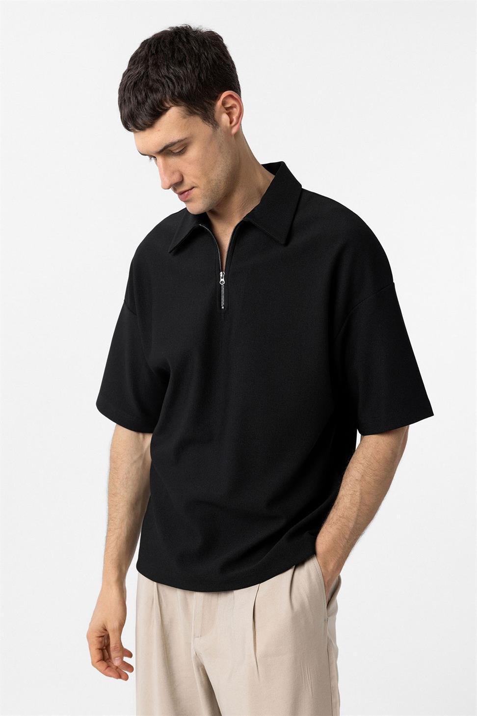 Antioch Siyah Relax Fit Fermuarlı Polo Yaka Erkek T-Shirt