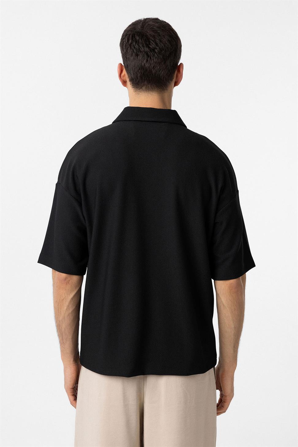 Antioch Siyah Relax Fit Fermuarlı Polo Yaka Erkek T-Shirt