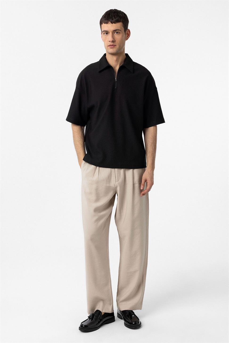 Antioch Siyah Relax Fit Fermuarlı Polo Yaka Erkek T-Shirt