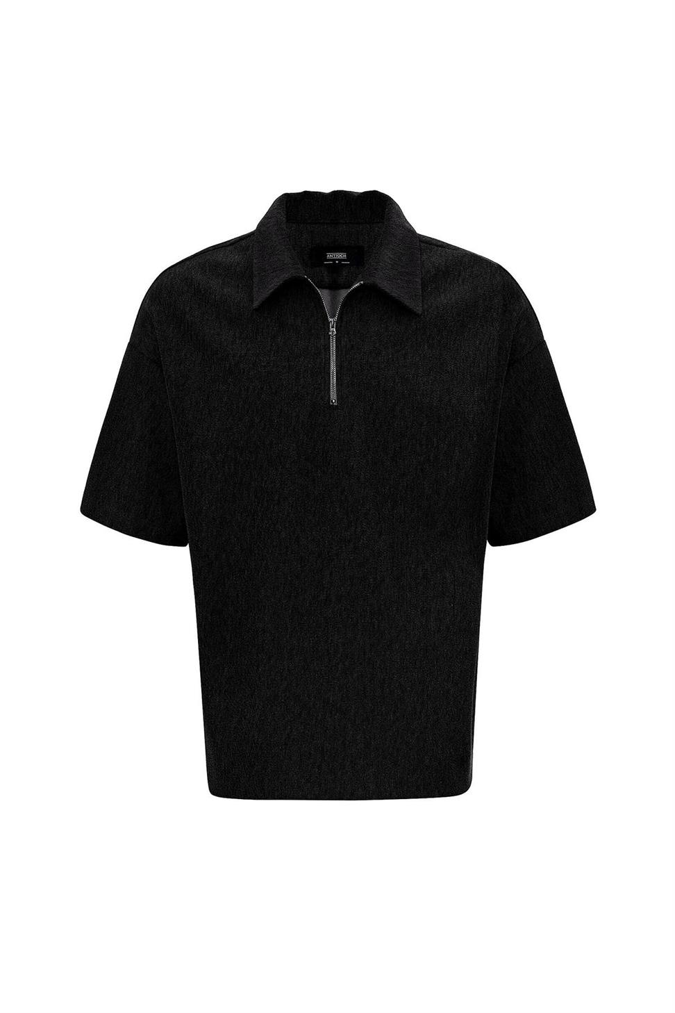 Antioch Siyah Relax Fit Fermuarlı Polo Yaka Erkek T-Shirt