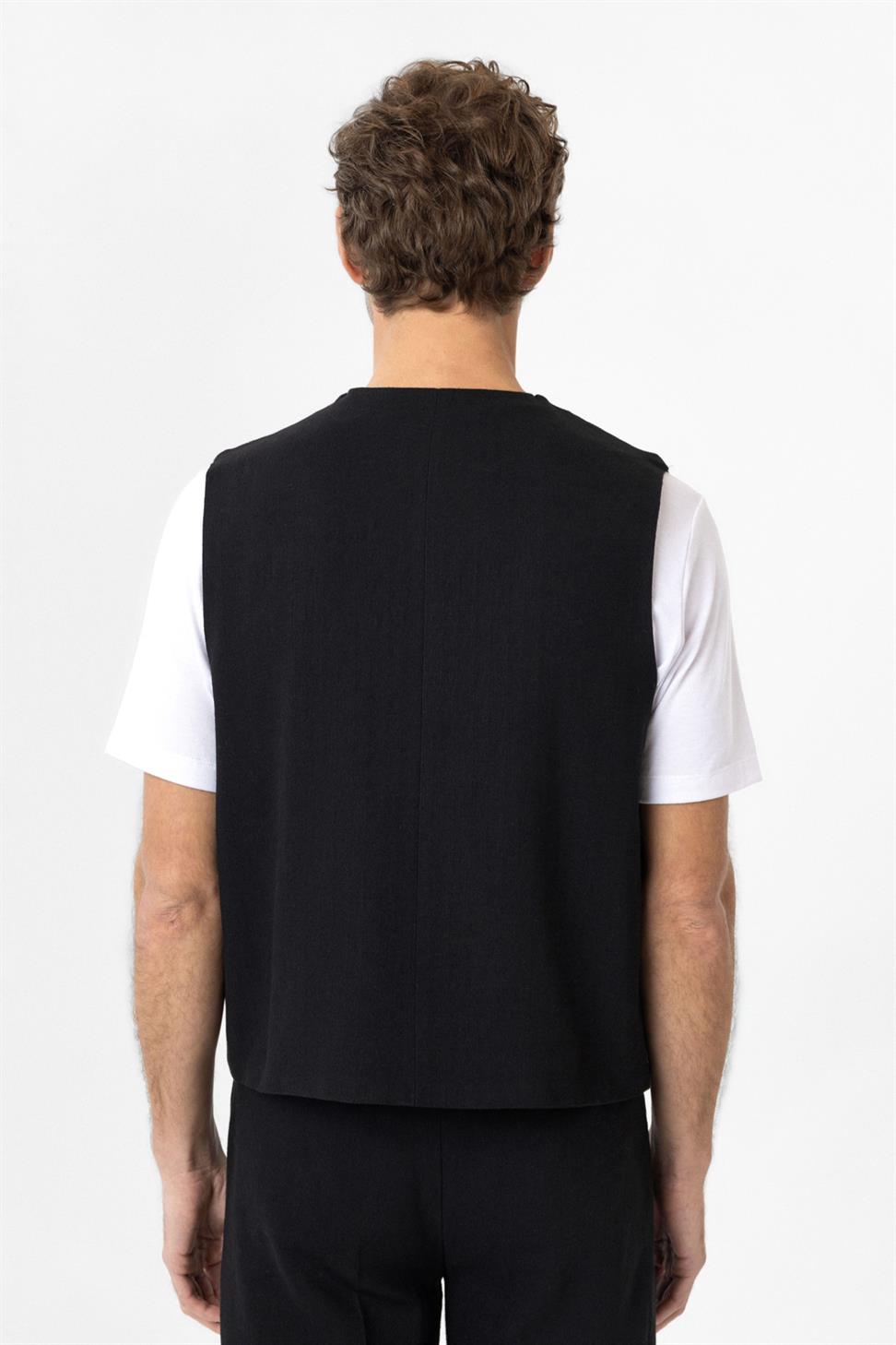 Antioch Siyah Relax Fit Keten Karışımlı Erkek Yelek