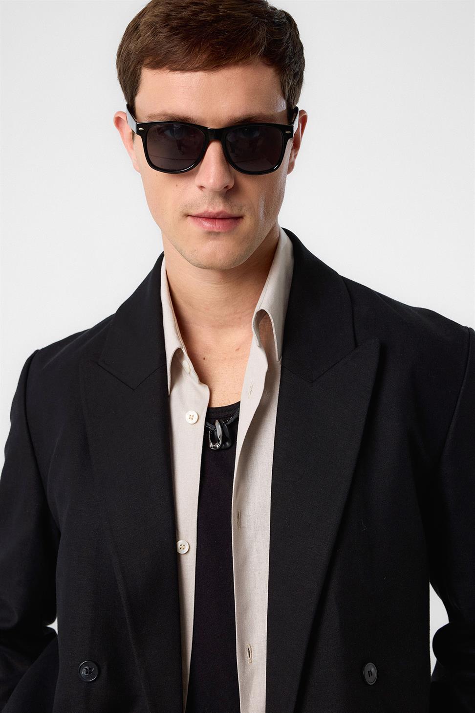 Antioch Siyah Relax Fit Keten Karışımlı Erkek Blazer Ceket