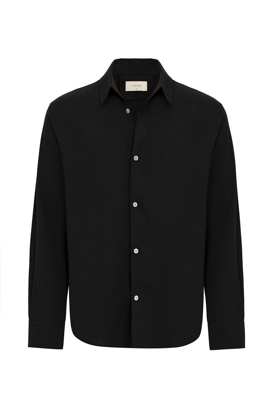Antioch Siyah Relax Fit Keten Karışımlı Erkek Gömlek