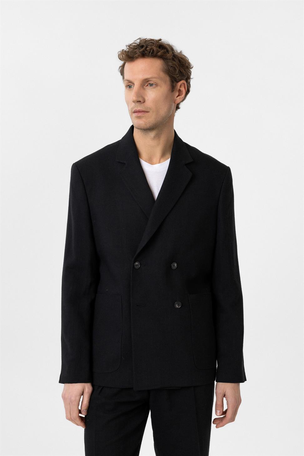 Antioch Siyah Relax Fit Keten Karışımlı Erkek Blazer Ceket
