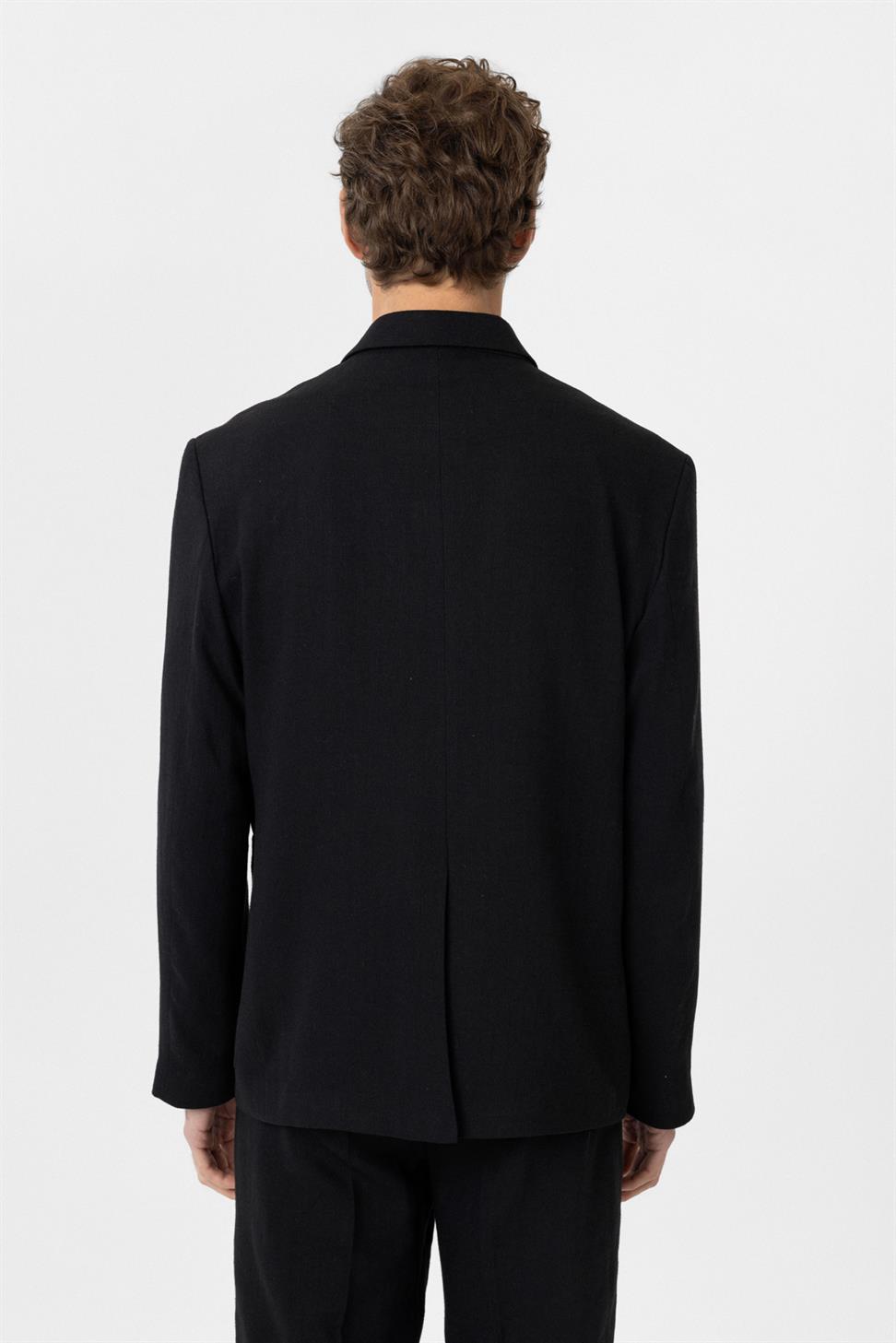 Antioch Siyah Relax Fit Keten Karışımlı Erkek Blazer Ceket