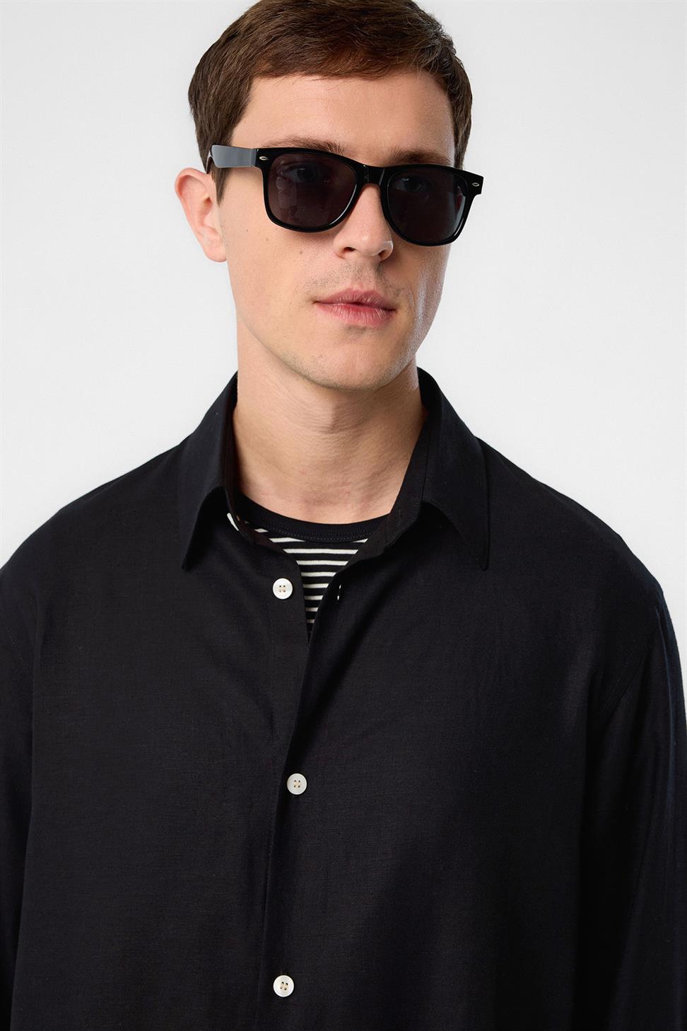 Antioch Siyah Relax Fit Keten Karışımlı Erkek Gömlek