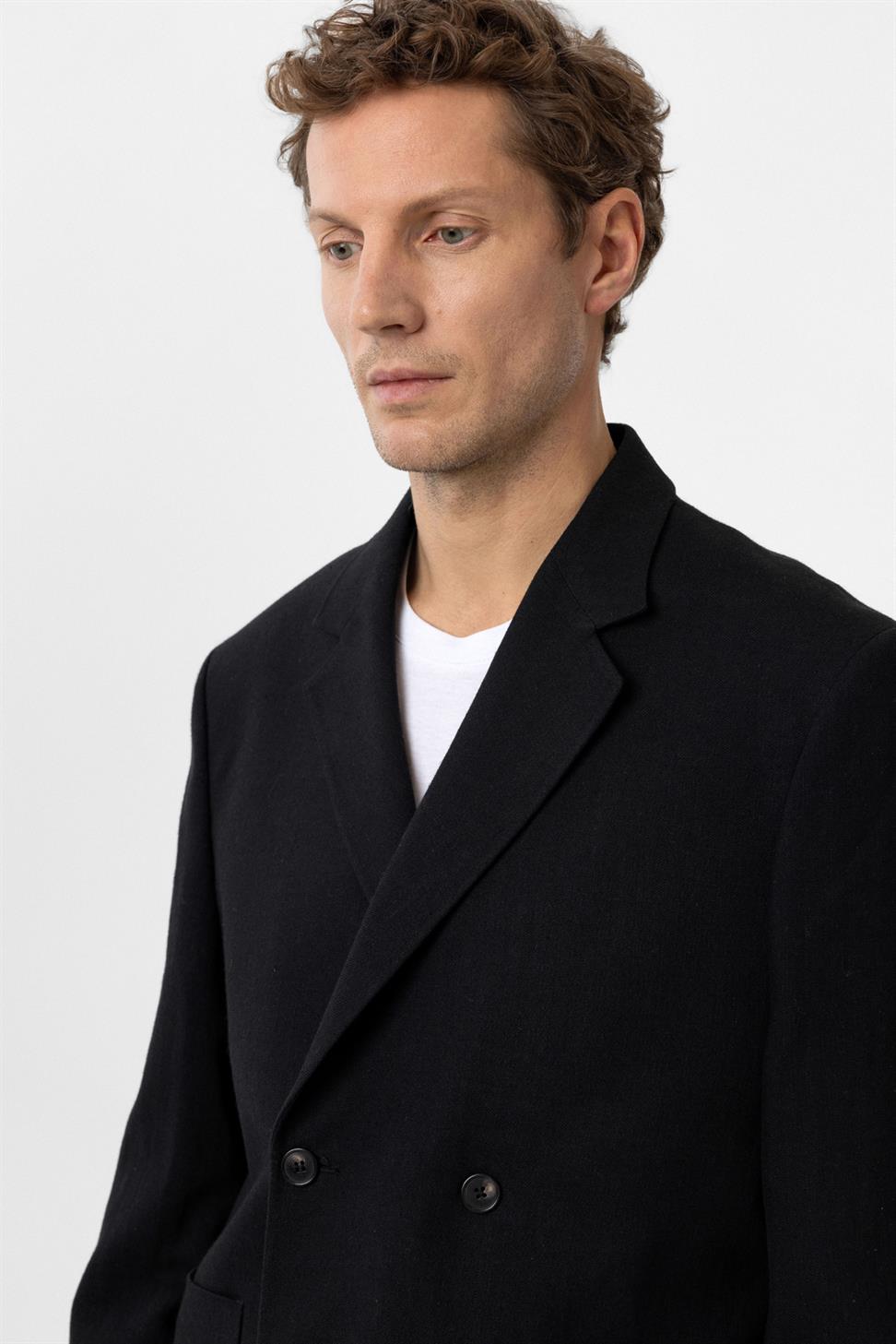 Antioch Siyah Relax Fit Keten Karışımlı Erkek Blazer Ceket