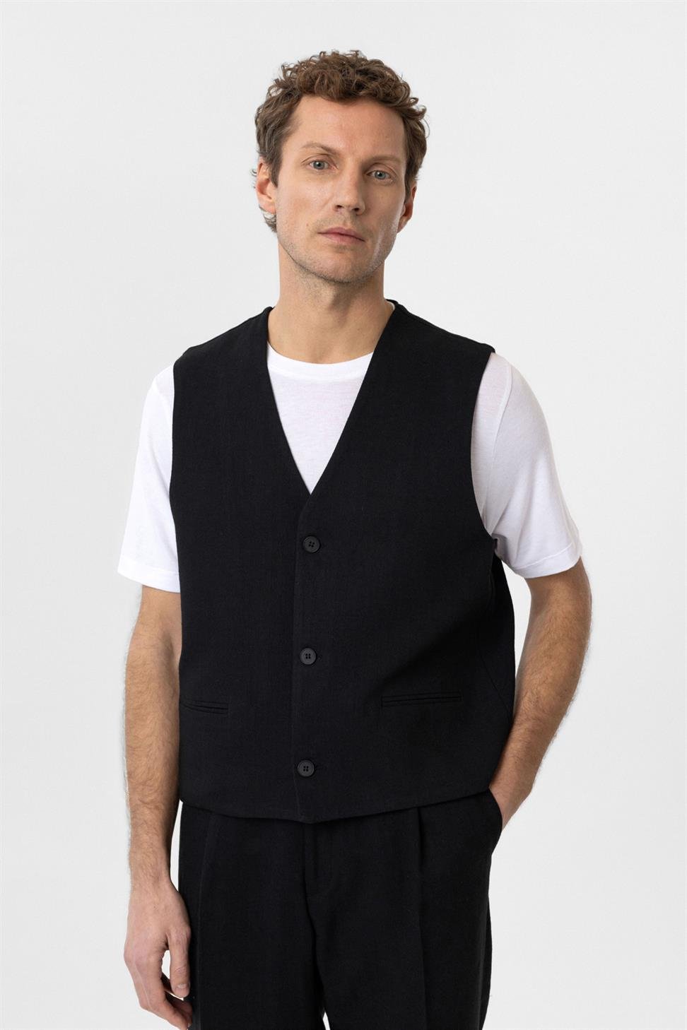 Antioch Siyah Relax Fit Keten Karışımlı Erkek Yelek