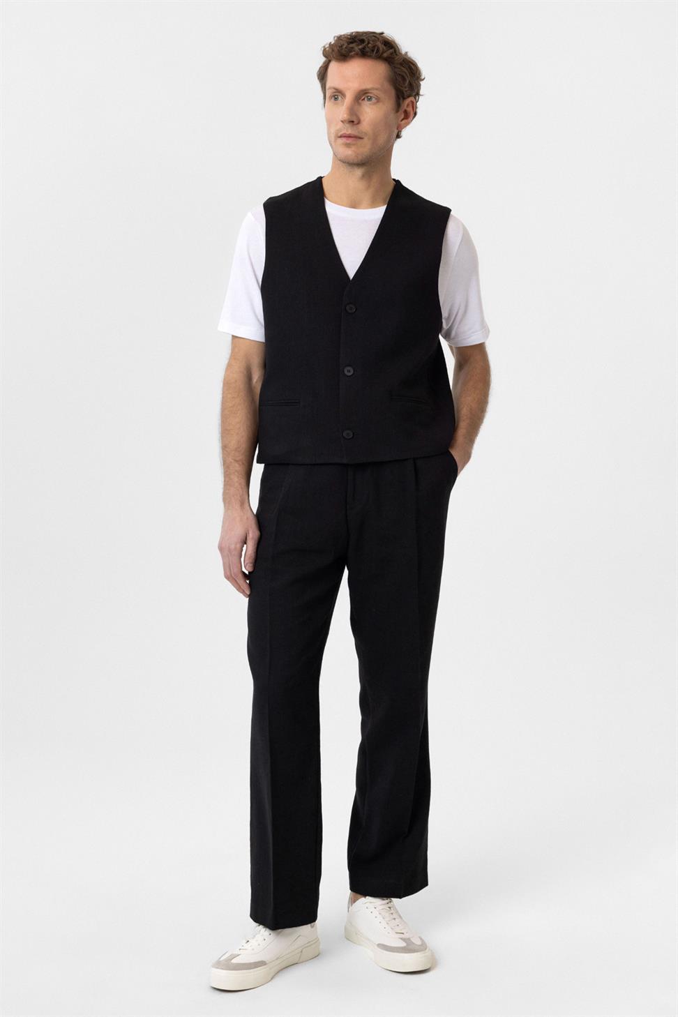 Antioch Siyah Relax Fit Keten Karışımlı Erkek Yelek