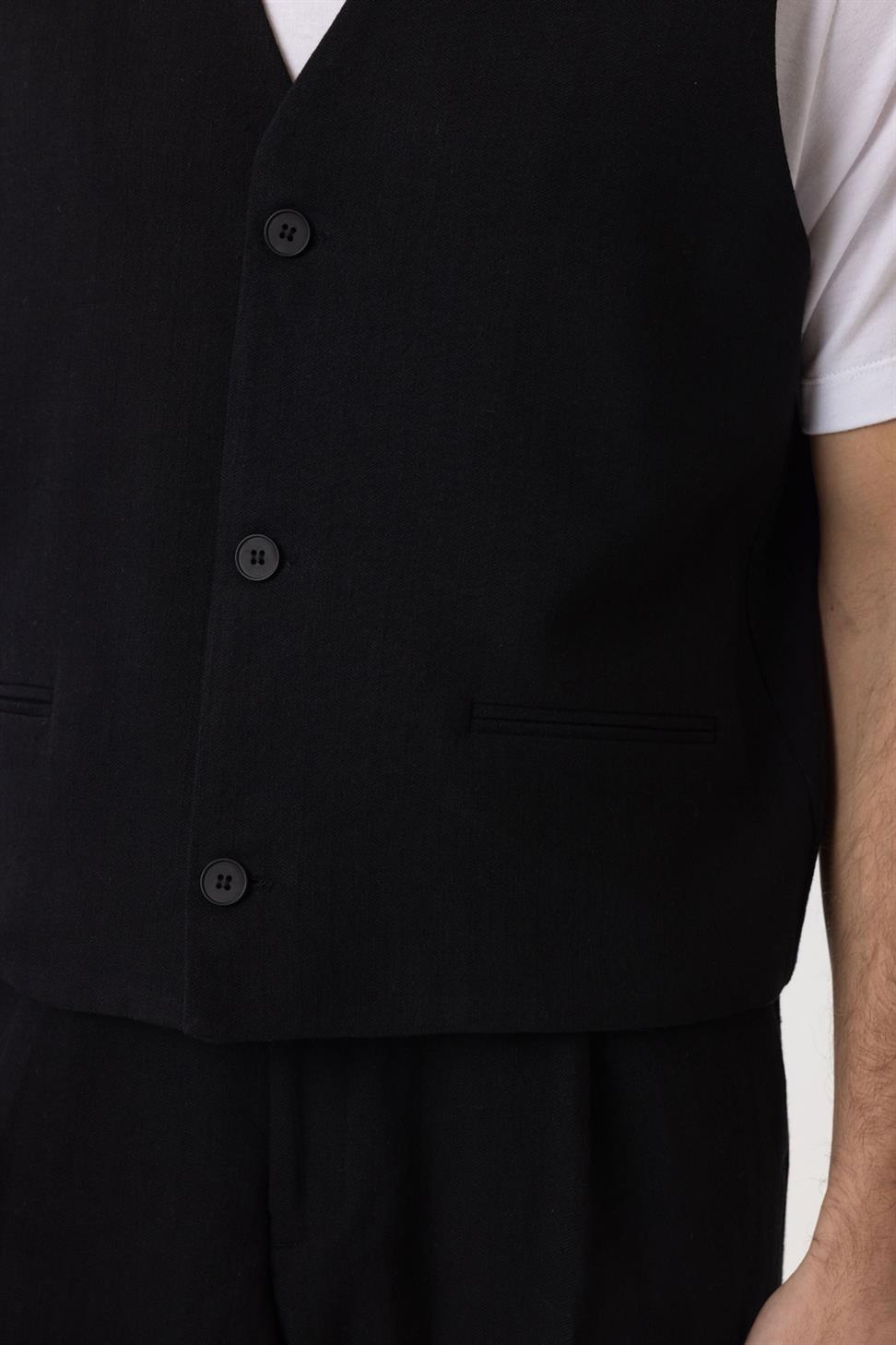 Antioch Siyah Relax Fit Keten Karışımlı Erkek Yelek