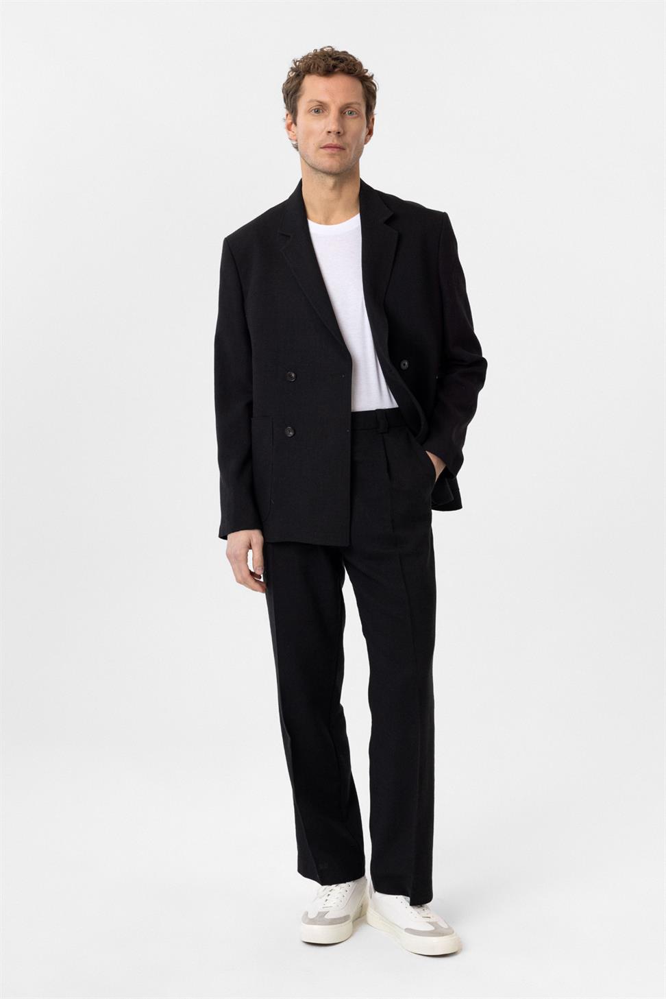 Antioch Siyah Relax Fit Keten Karışımlı Erkek Blazer Ceket