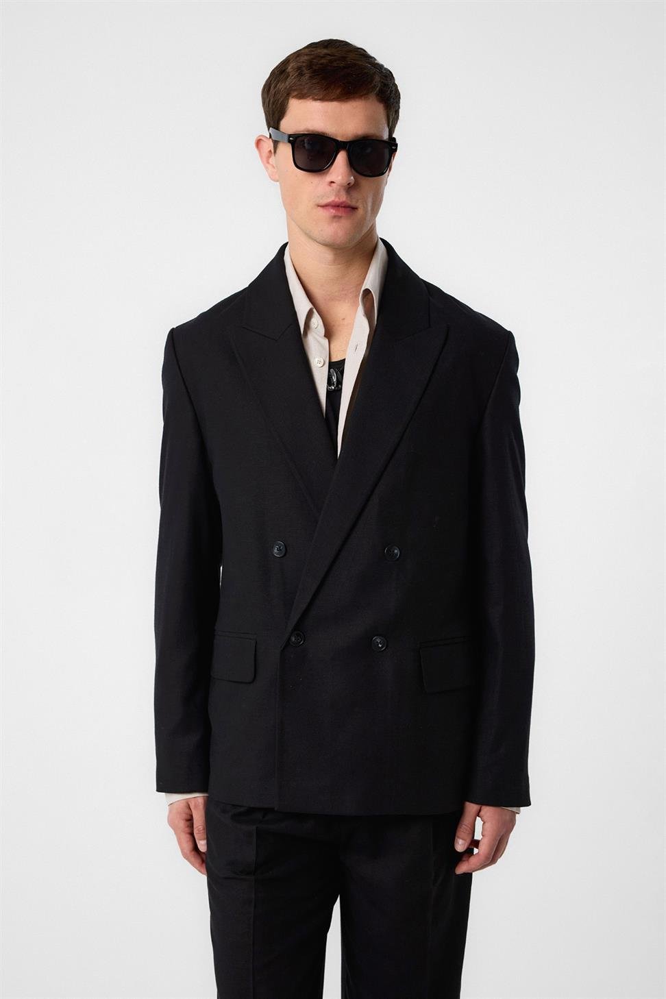 Antioch Siyah Relax Fit Keten Karışımlı Erkek Blazer Ceket