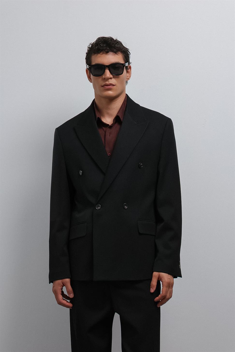 Antioch Siyah Relax Fit Kruvaze Erkek Blazer Ceket