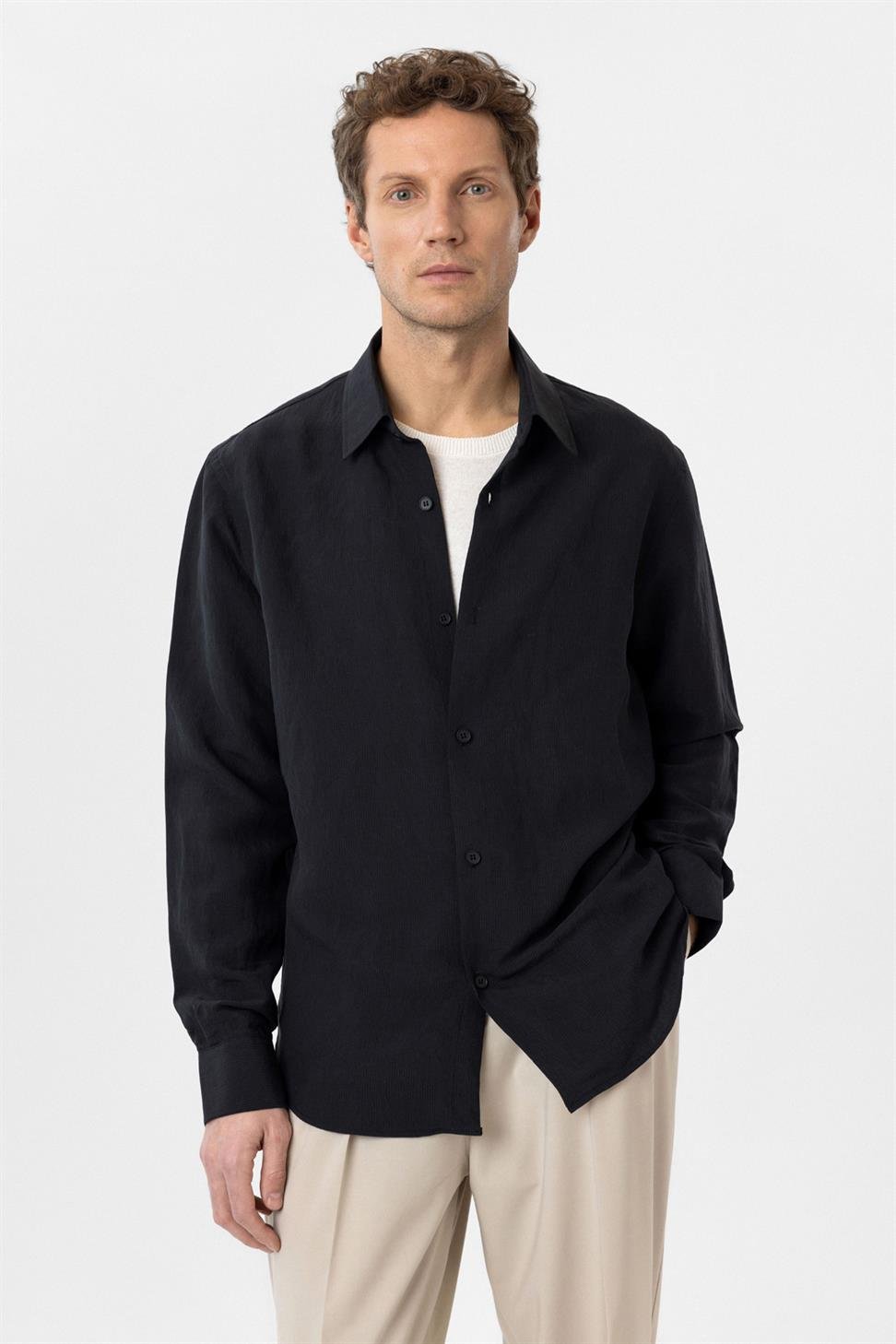 Antioch Siyah Relax Fit Modal Kumaş Erkek Gömlek