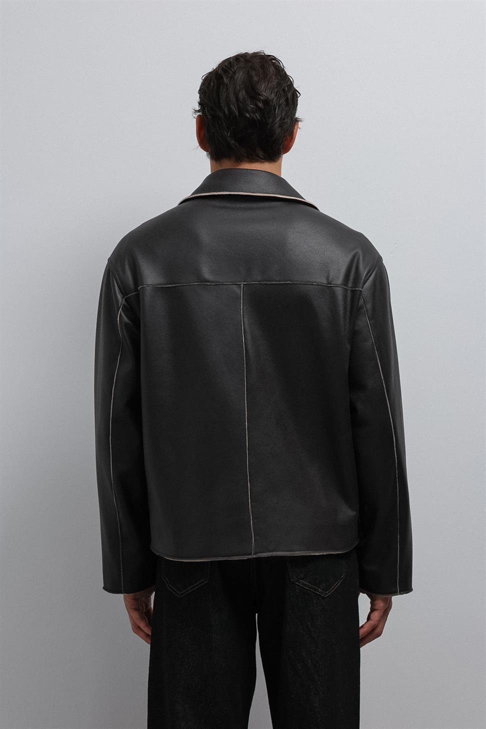 Antioch Siyah Relax Fit Suni Deri Erkek Mont