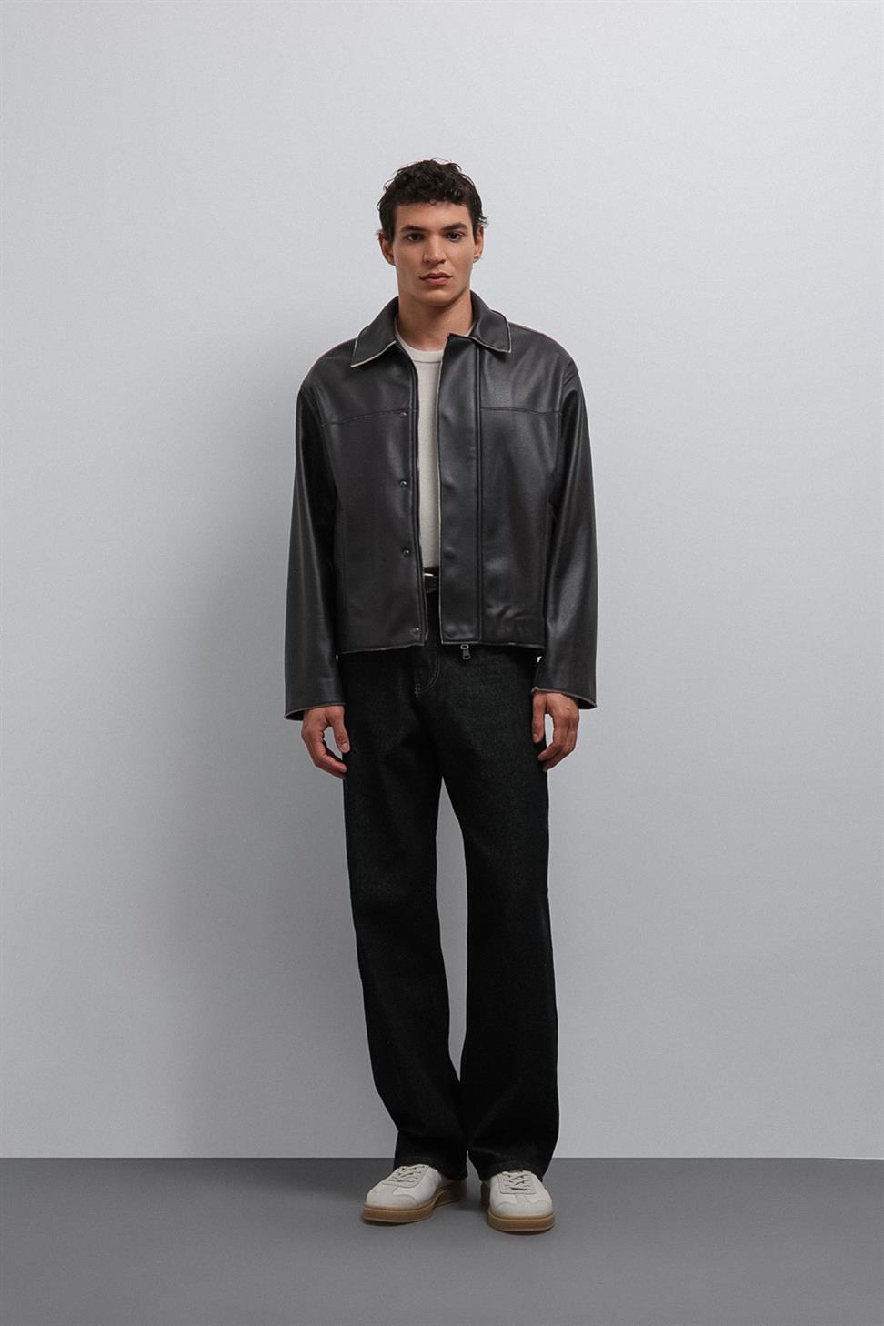 Antioch Siyah Relax Fit Suni Deri Erkek Mont