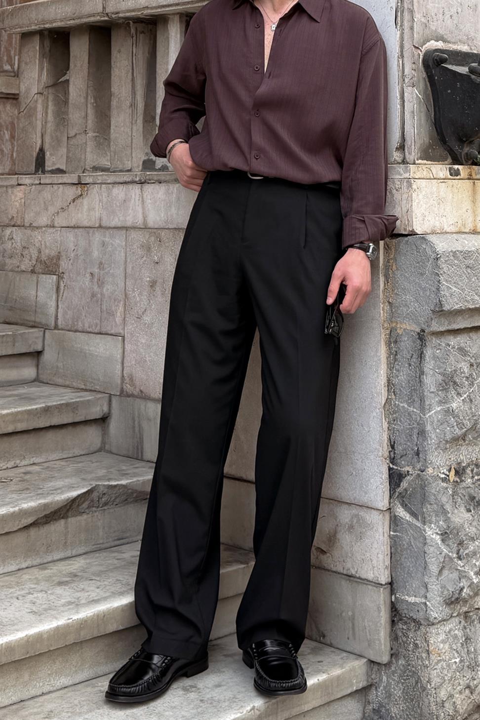 Antioch Siyah Relaxed Fit Pileli Erkek Pantolon