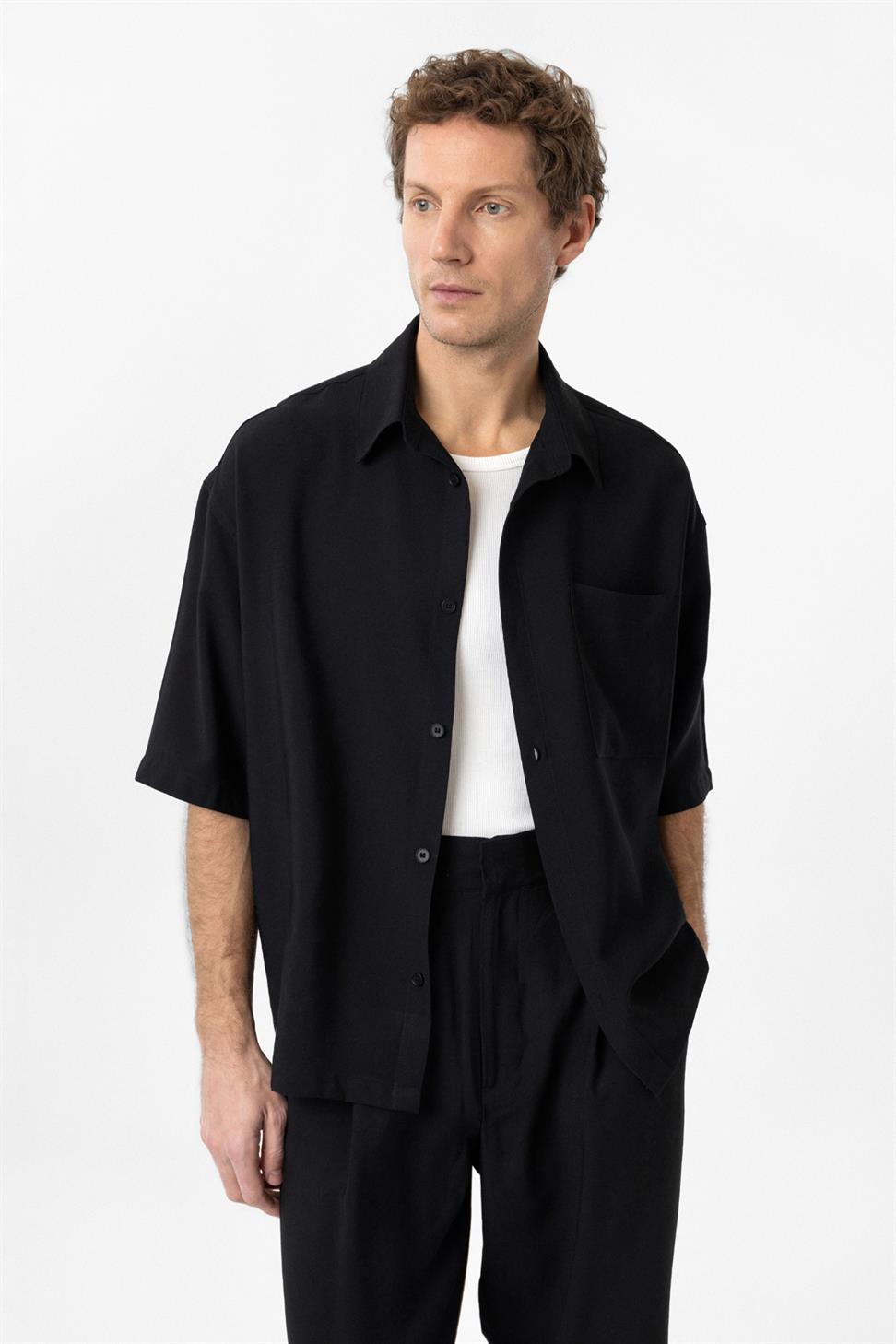 Antioch Siyah Relaxed Kısa Kollu Erkek Gömlek