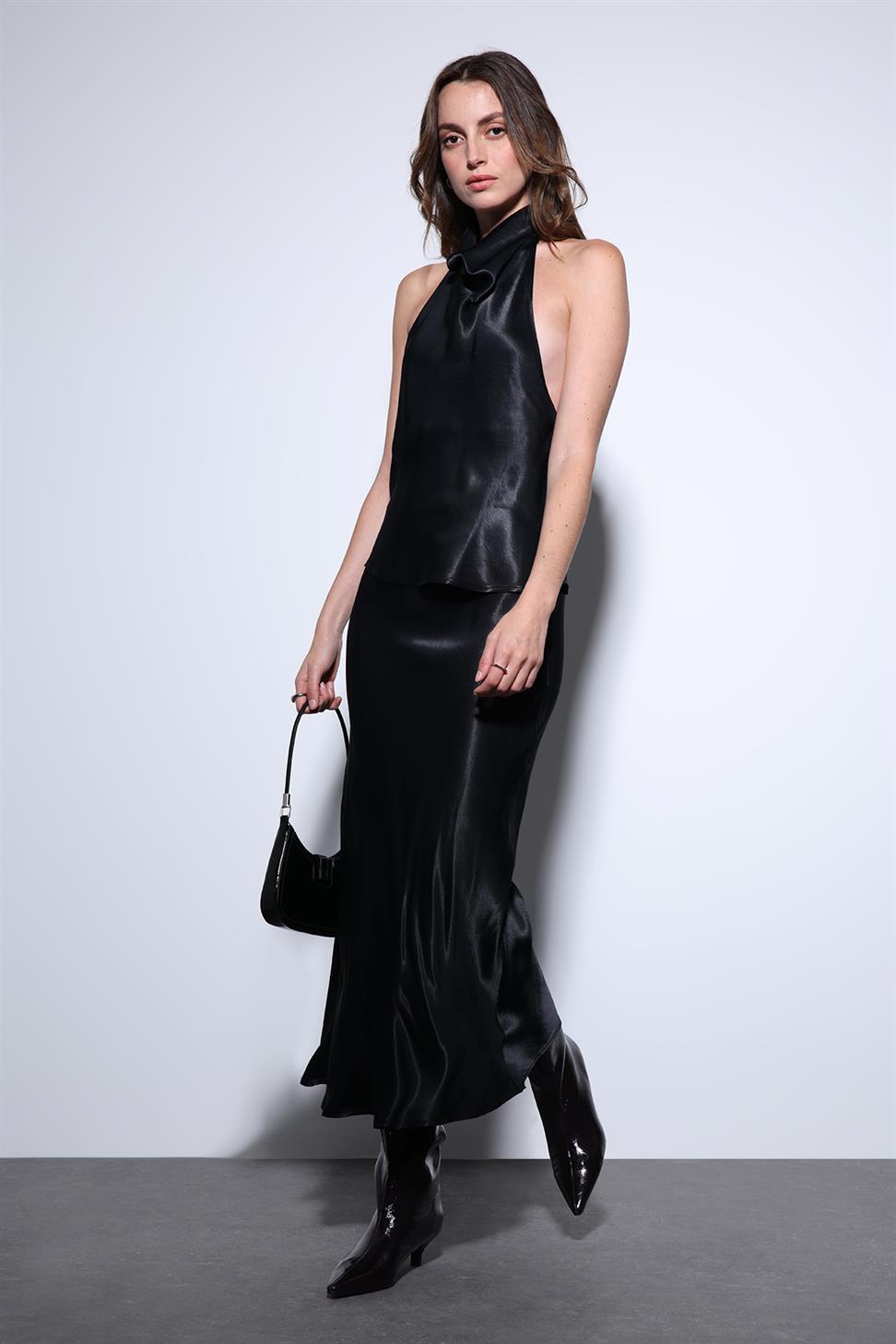 Antioch Siyah Saten Midi Etek