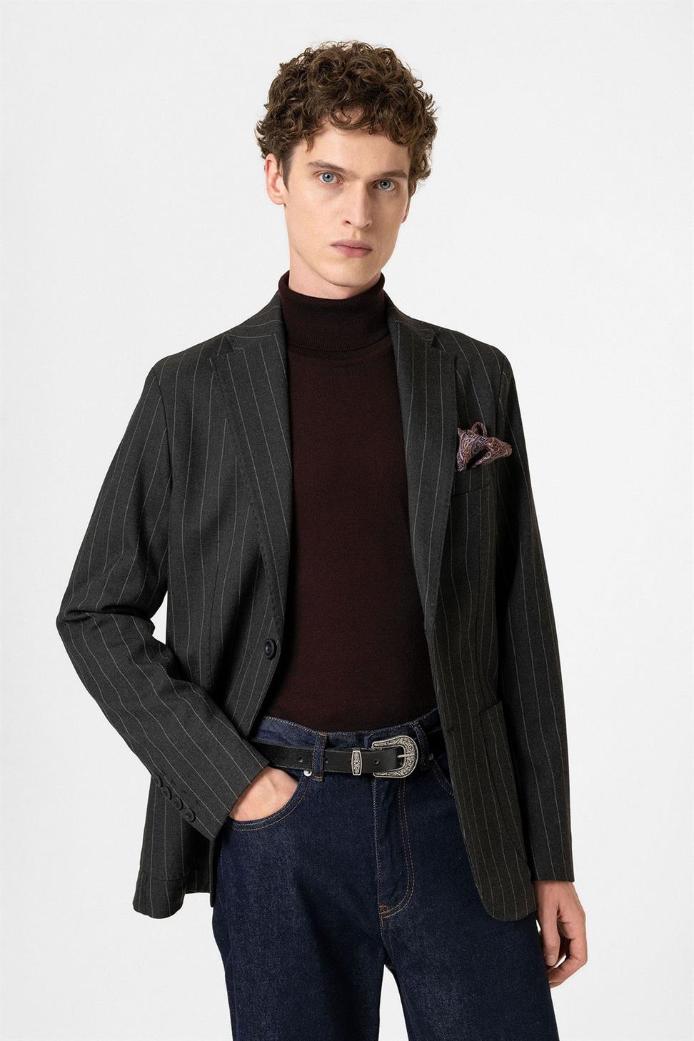 Antioch Siyah Slim Fit Çizgili Erkek Blazer Ceket