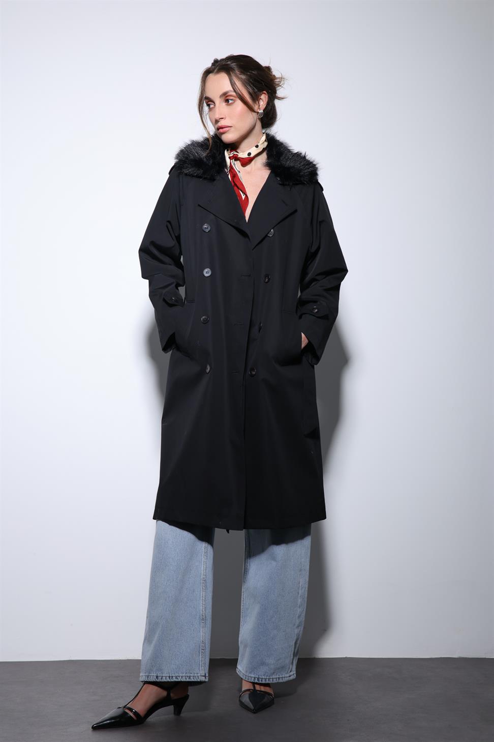Antioch Siyah Suni Kürklü Yaka Kadın Trençkot