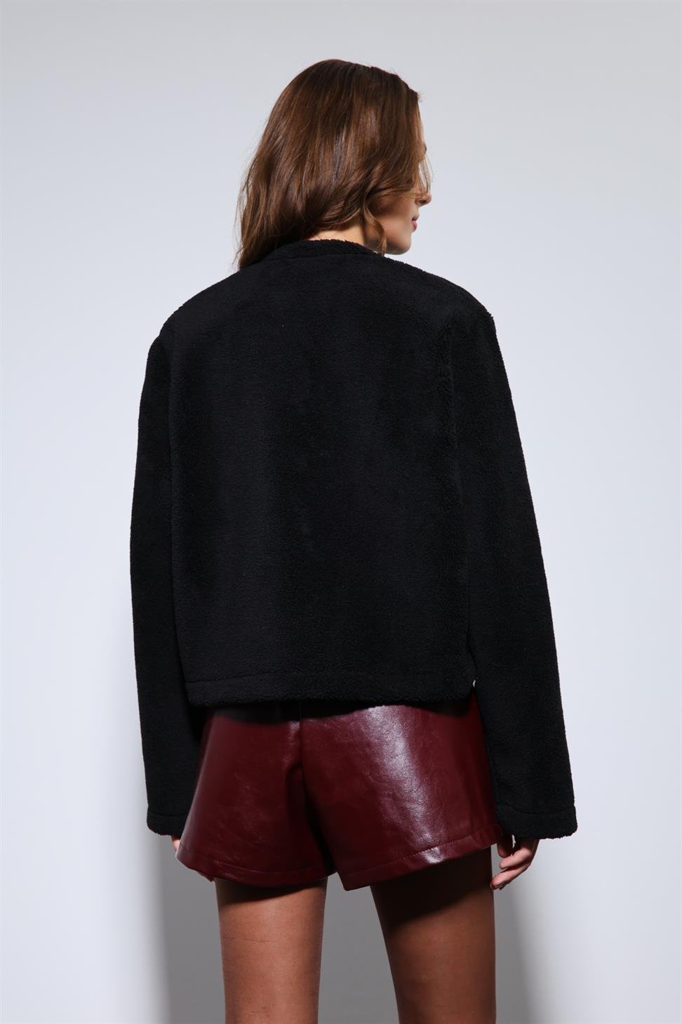 Antioch Siyah Süslü Düğmeli Suni Kürk Ceket