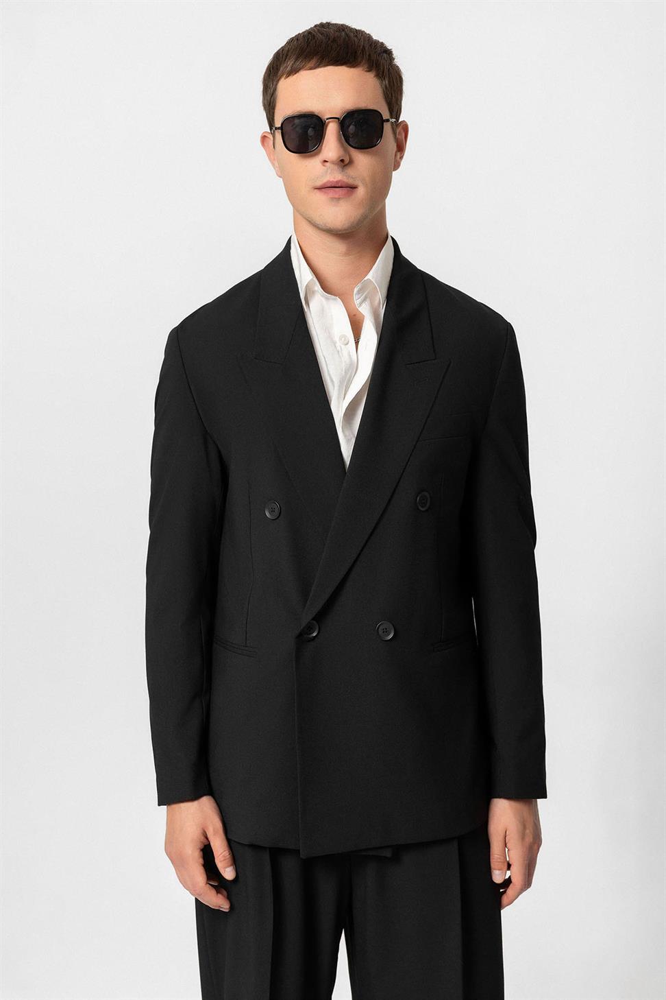 Antioch Siyah Tek Düğme Kruvaze Erkek Blazer Ceket