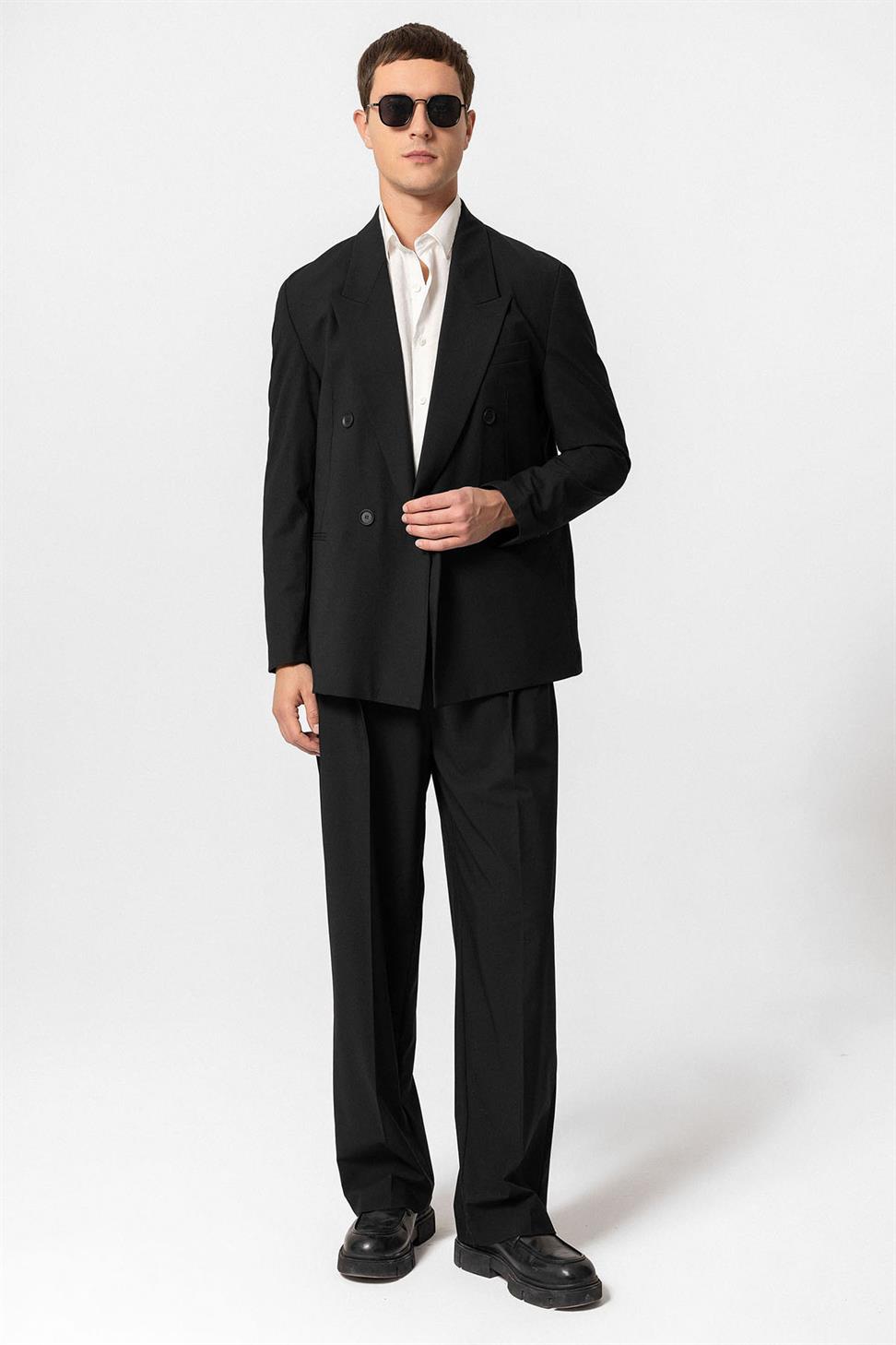 Antioch Siyah Tek Düğme Kruvaze Erkek Blazer Ceket