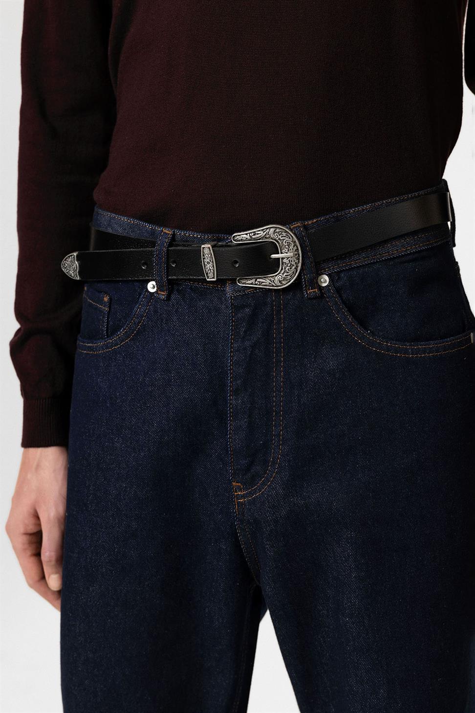 Antioch Siyah Toka İşlemeli Vintage Erkek Deri Kemer