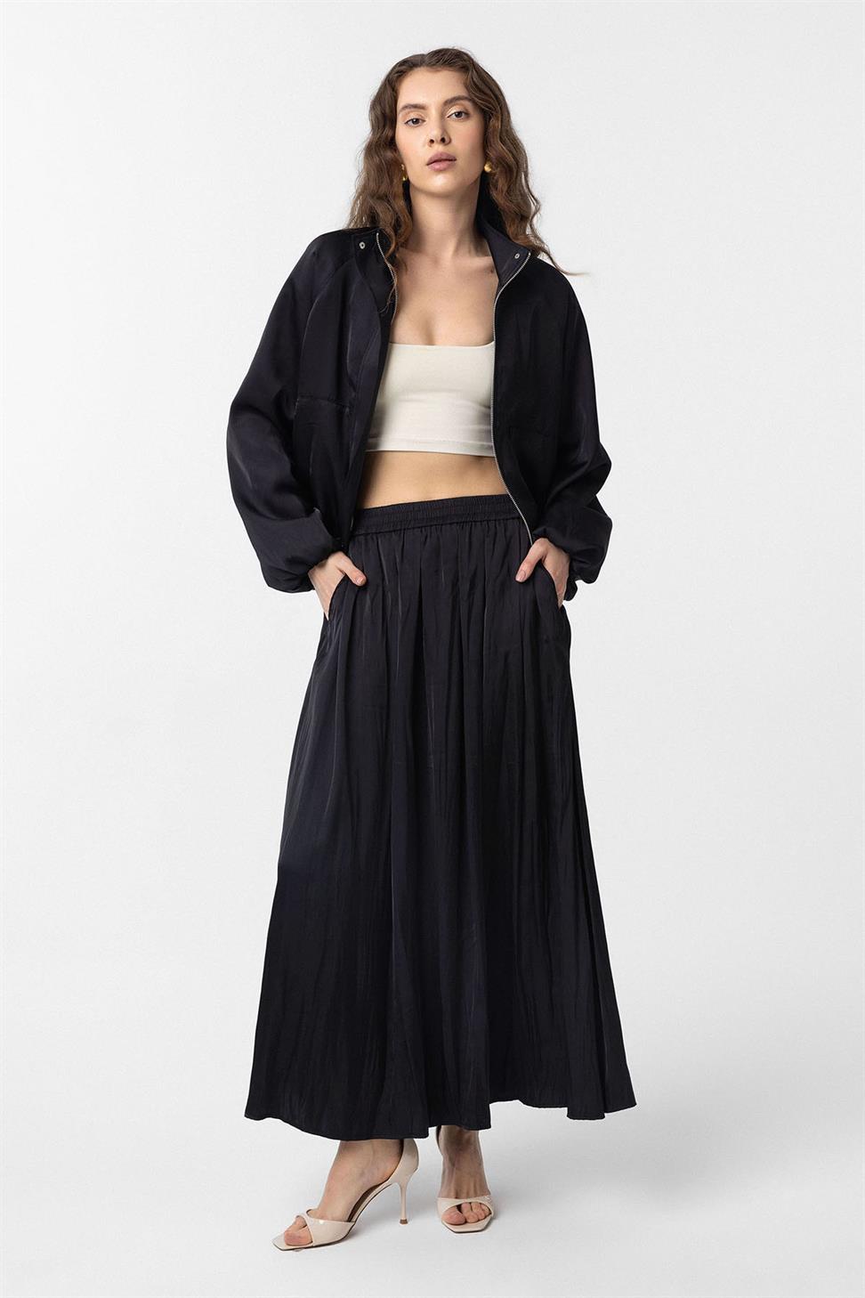 Antioch Siyah Uzun Dökümlü Pilili Kadın Etek