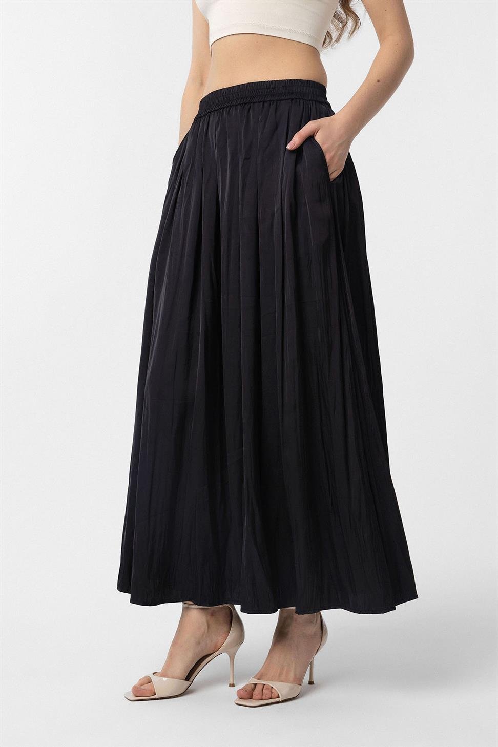 Antioch Siyah Uzun Dökümlü Pilili Kadın Etek