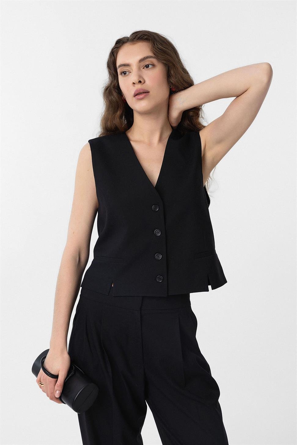 Antioch Siyah Yırtmaçlı Kadın Yelek