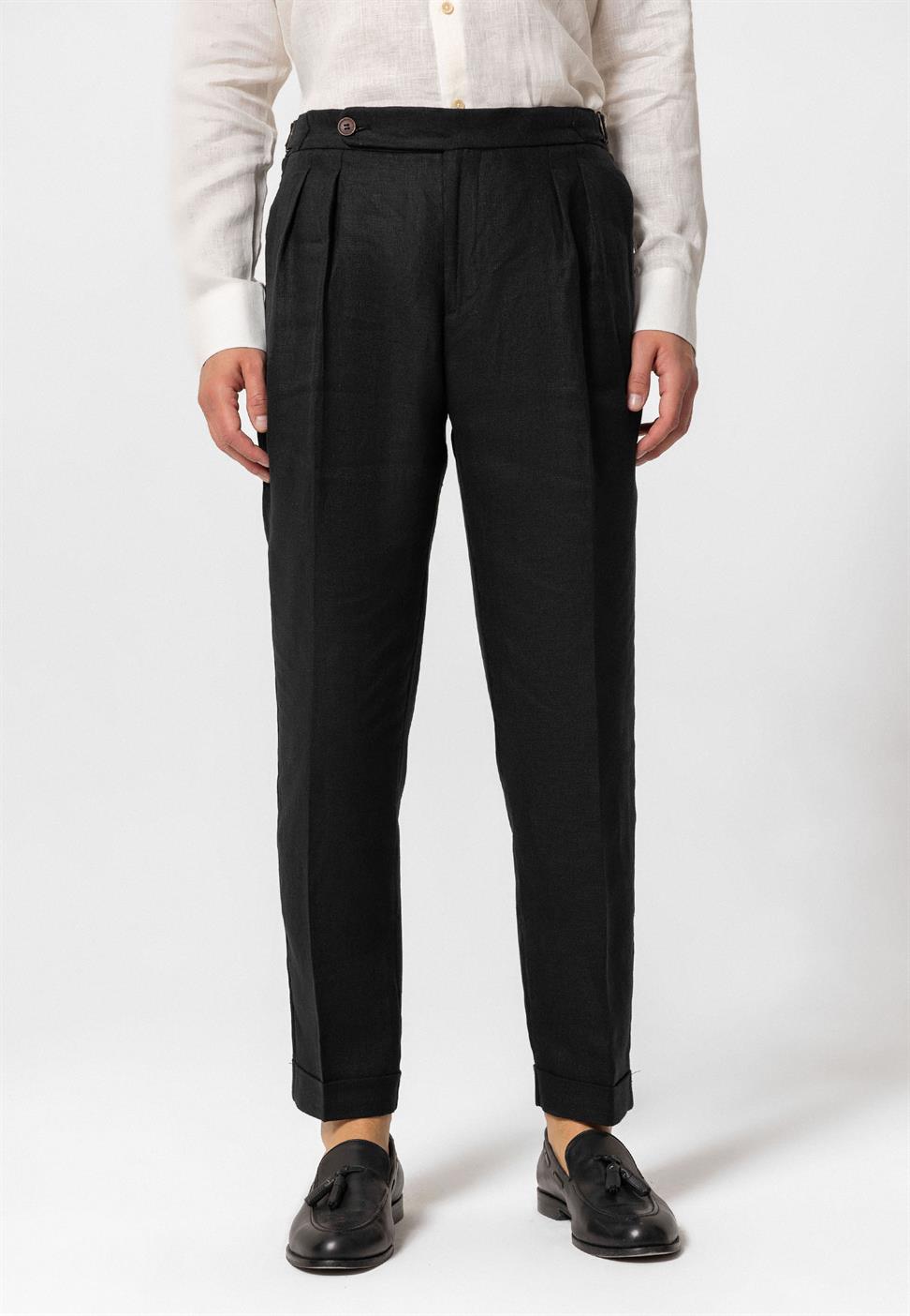 بنطلون رجالي عالي الخصر 100٪ كتان مطوي 100٪