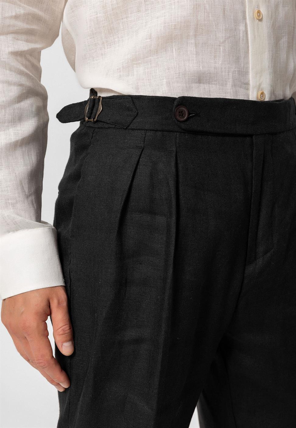 بنطلون رجالي عالي الخصر 100٪ كتان مطوي 100٪