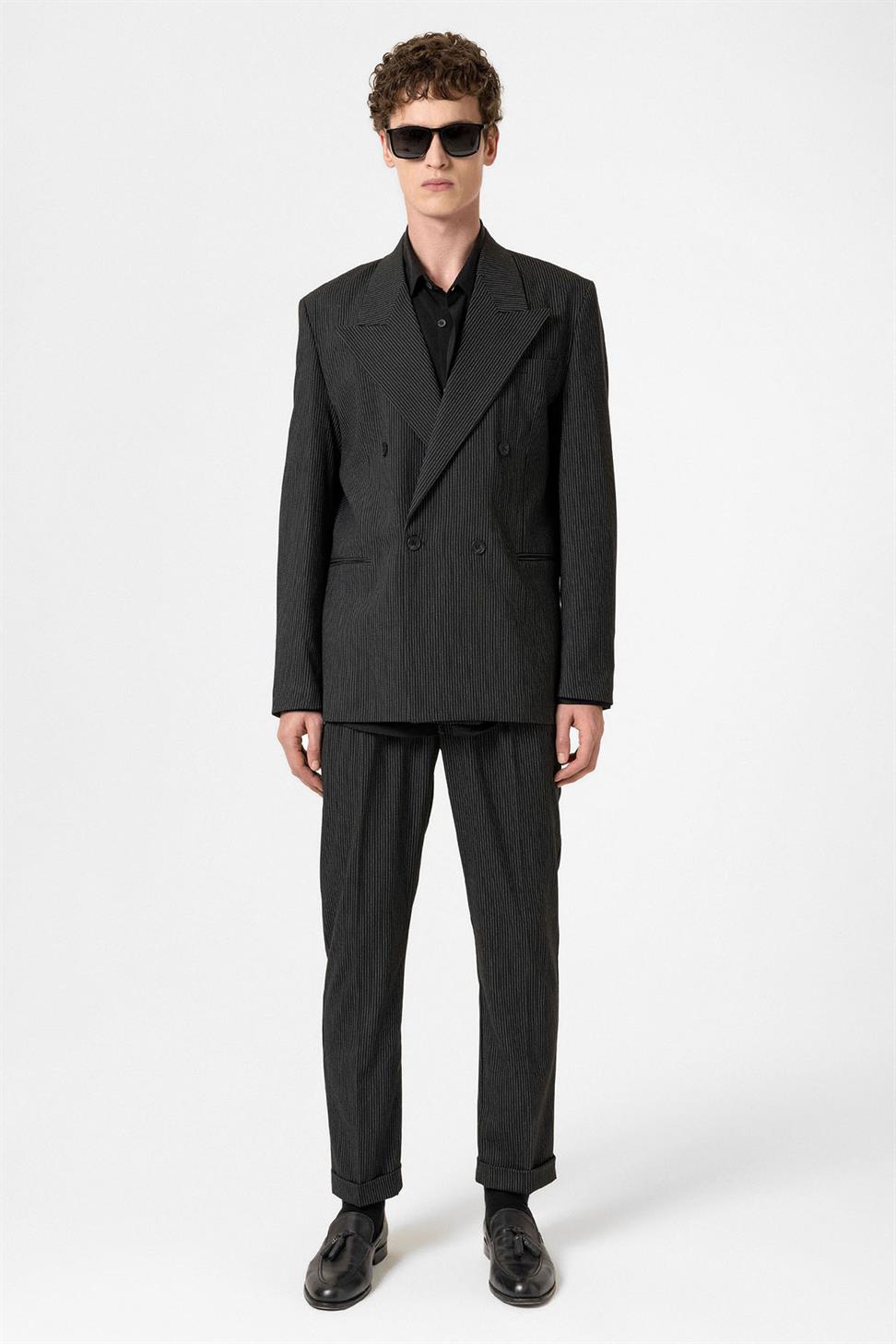 Antioch Siyah Yüksek Bel Çizgili Duble Paça Erkek Pantolon