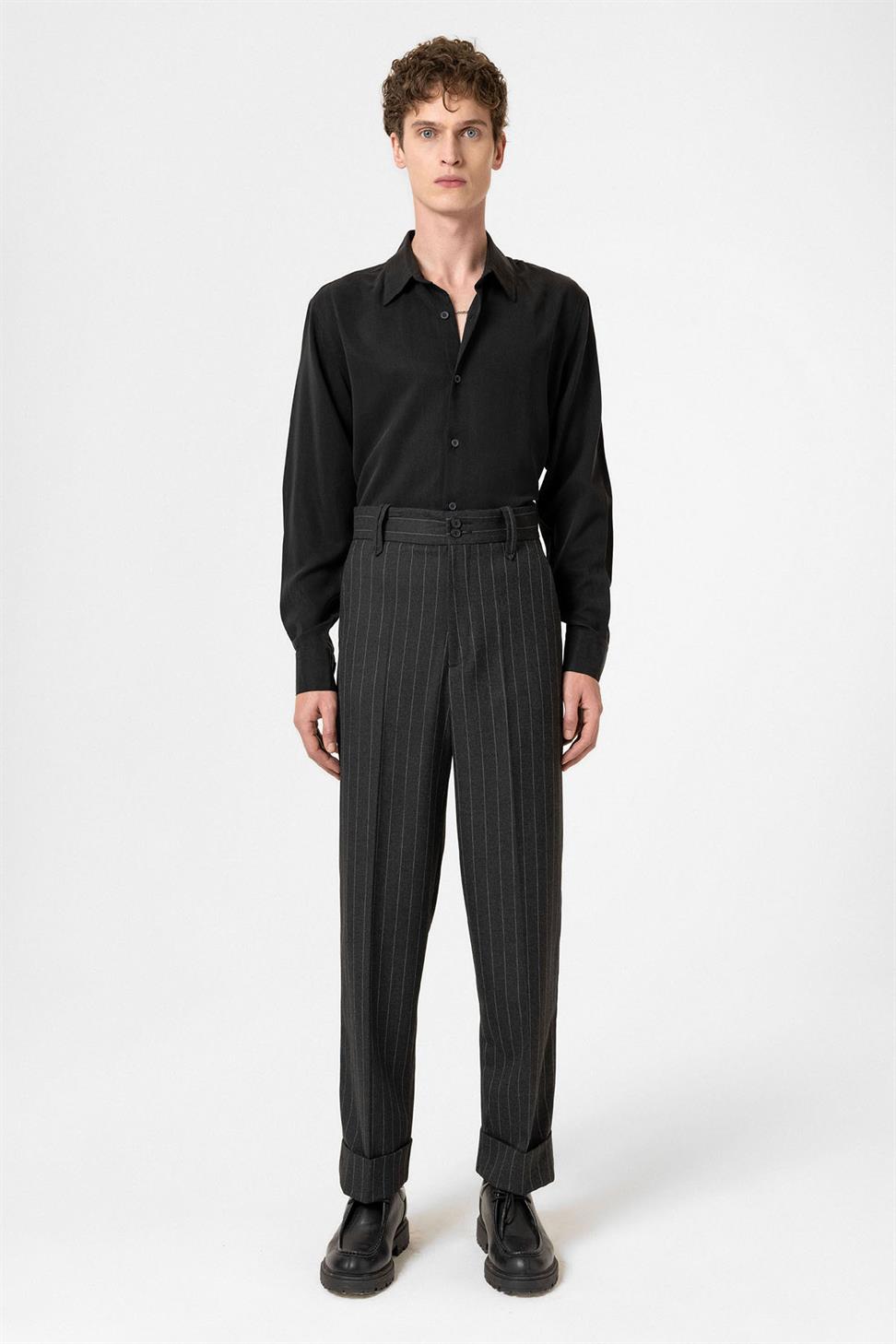 Antioch Siyah Yüksek Bel Çizgili Relaxed Fit Erkek Pantolon