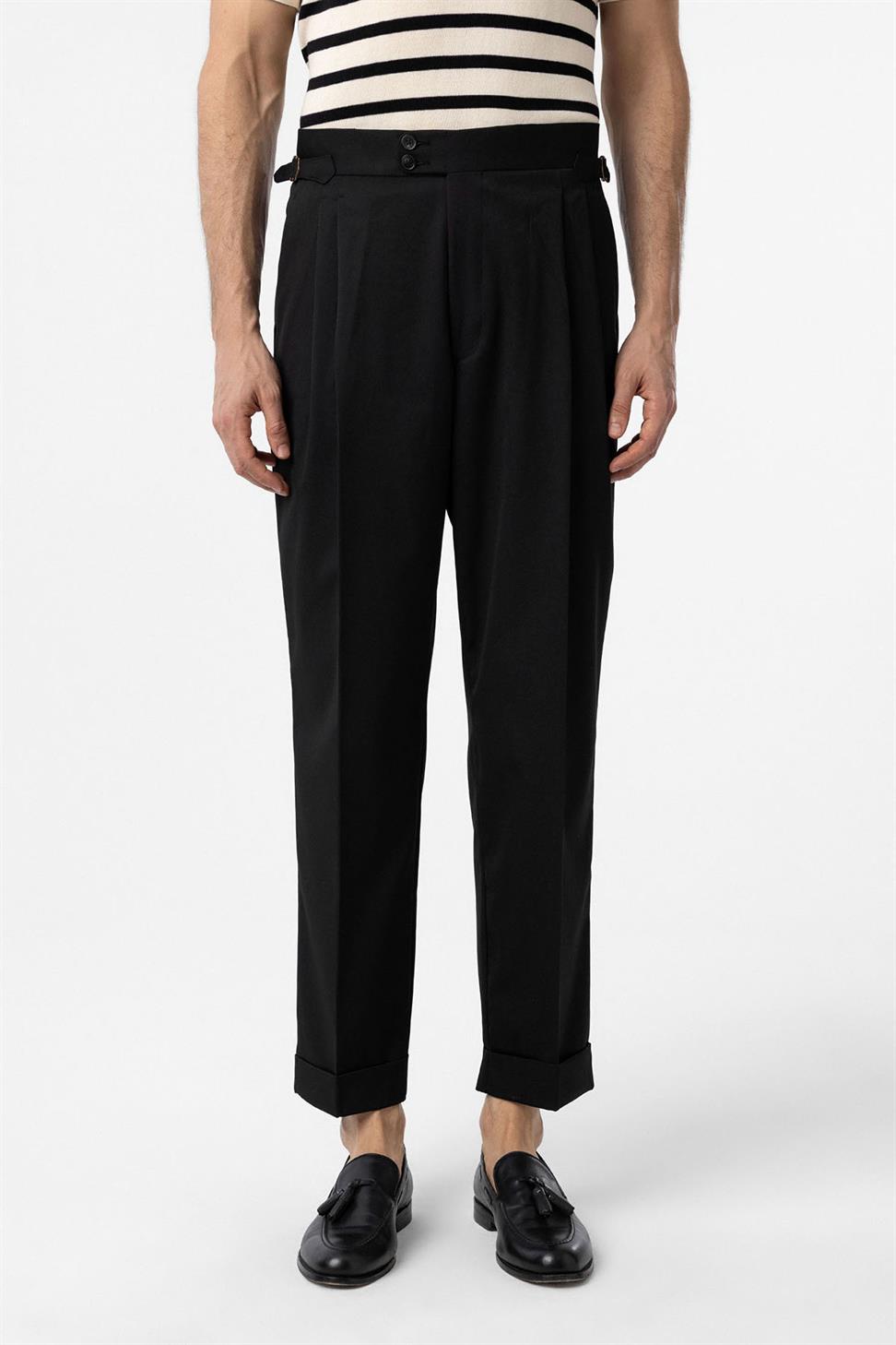 Antioch Siyah Yüksek Bel İtalyan Kalıp Pileli Erkek Pantolon