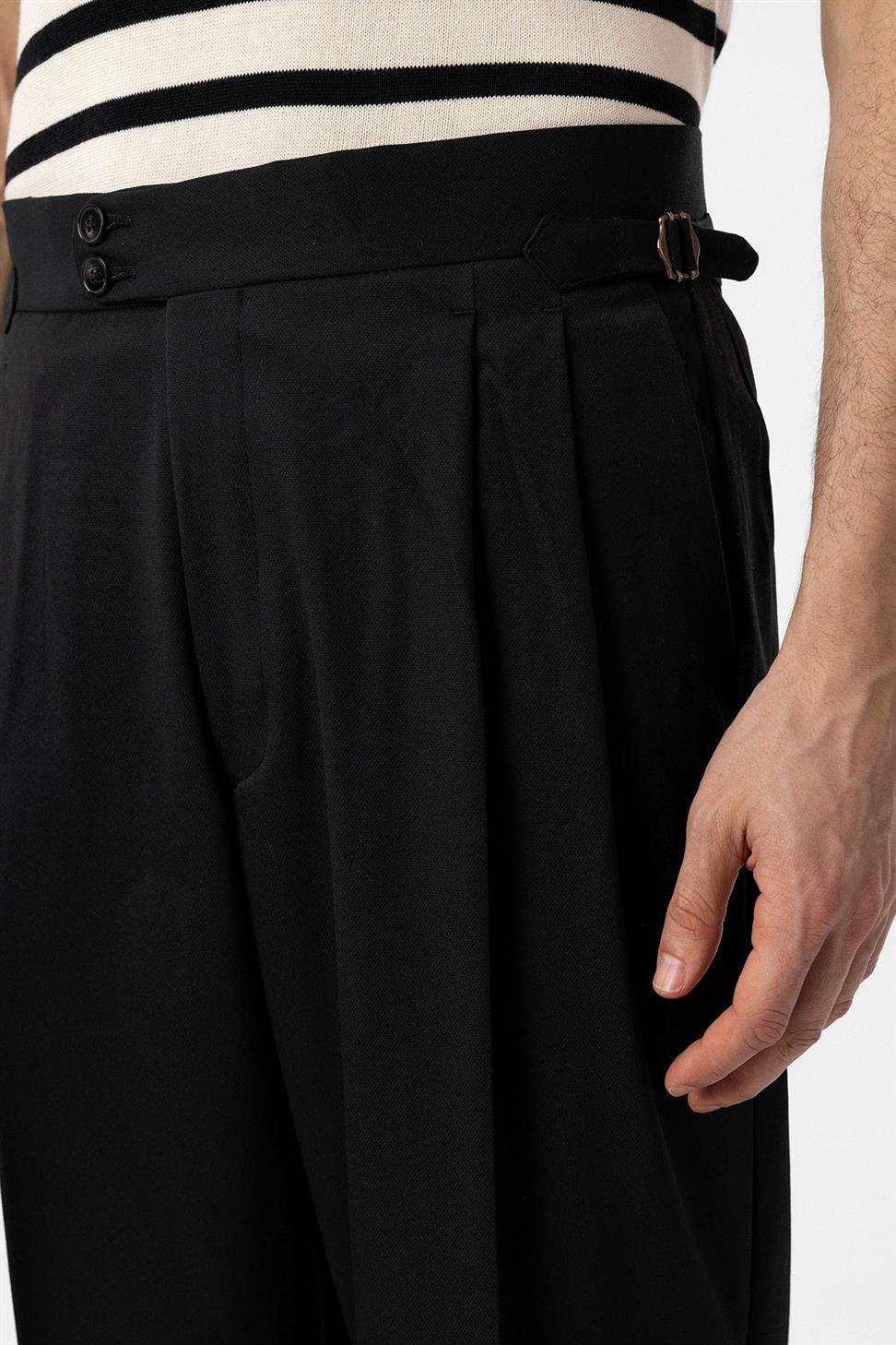 Antioch Siyah Yüksek Bel İtalyan Kalıp Pileli Erkek Pantolon