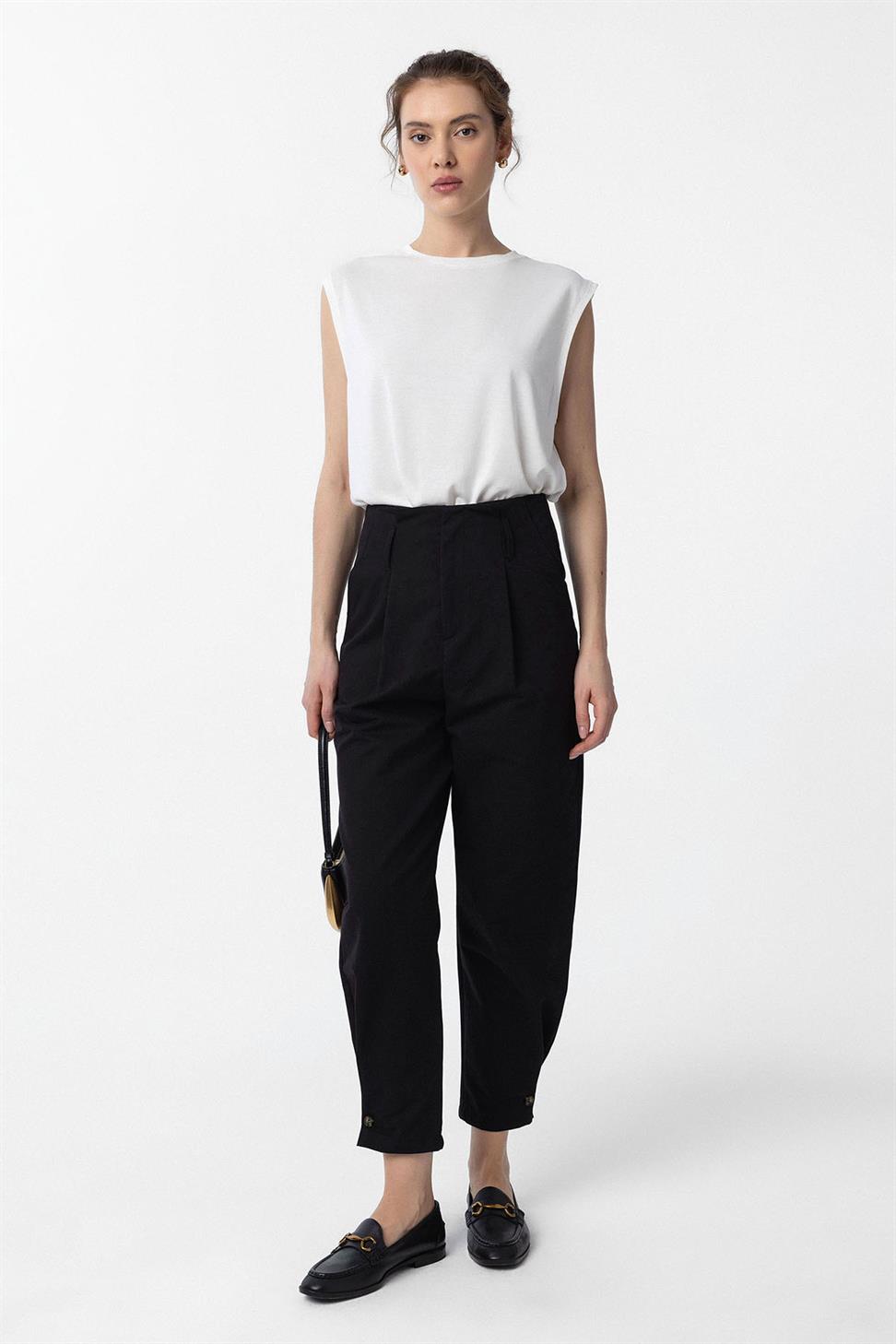 Antioch Siyah Yüksek Bel Paçası Düğmeli Fit Kadın Pantolon