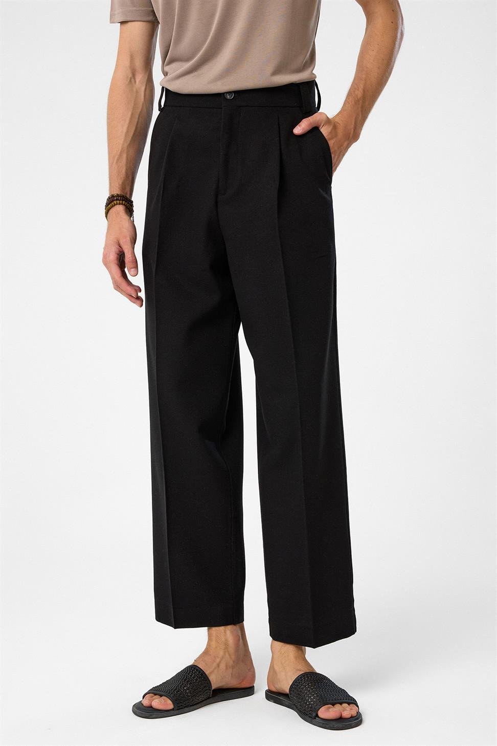 Antioch Siyah Yüksek Bel Pileli Relax Fit Erkek Pantolon