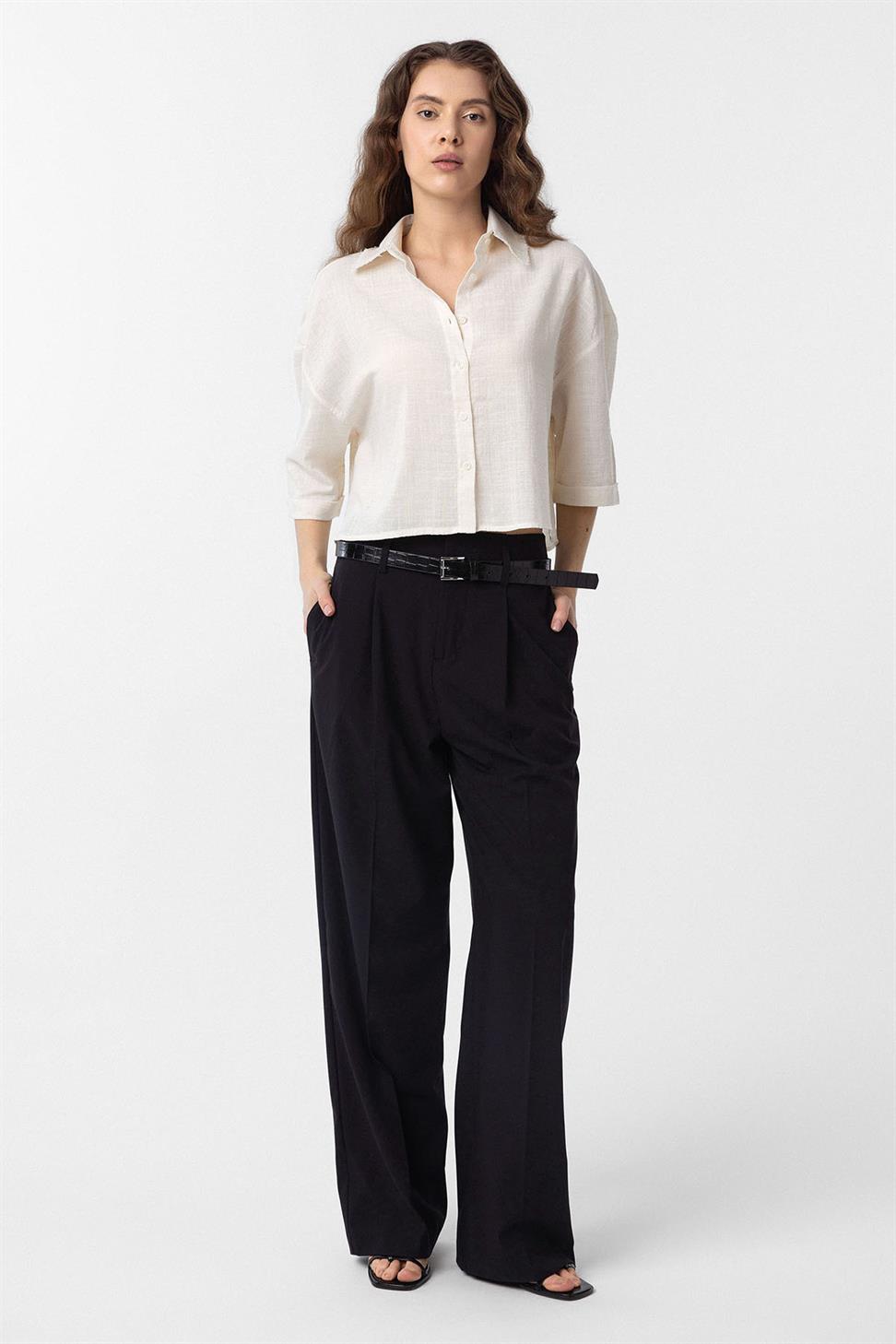 Antioch Siyah Yüksek Bel Pilili Kadın Pantolon